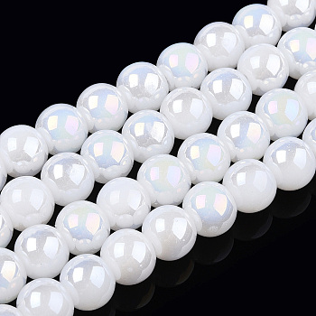 Electroplate Imitation Jade Glass Beads Strands, AB Color Plated, Round, Creamy White, 8~8.5mm, Hole: 1.5mm, about 51~53pcs/strand, 14.96 inch~15.55 inch(38~39.7cm)