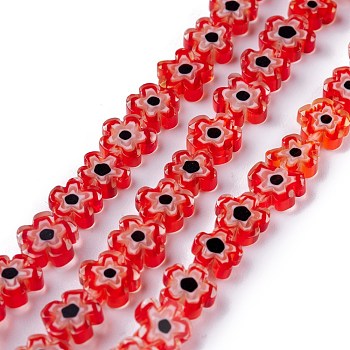 30Pcs Handmade Millefiori Glass Beads, Flower, Red, 6.4~9x3.2mm, Hole: 1mm, 30Pcs/Bag