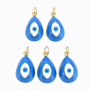 Real 16K Gold Plated Brass Enamel Pendants, with Jump Ring, Cadmium Free & Nickel Free & Lead Free, Teardrop with Evil Eye, Dodger Blue, 19~20x11x7~8mm, Jump Ring: 5x0.6mm, Inner Diameter: 3mm
