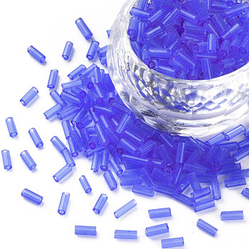 Transparent Glass Bugle Beads, Round Hole, Blue, 3~8x2mm, Hole: 0.7mm, about 450g/pound