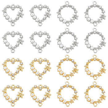 16Pcs 4 Style Alloy Crystal Rhinestone Links, Connector Charms, with White ABS Plastic Imitation Pearl, Ring & Heart, Platinum & Light Gold, 18x17~21.5x3.5mm, Hole: 1.5mm, 4pcs/style