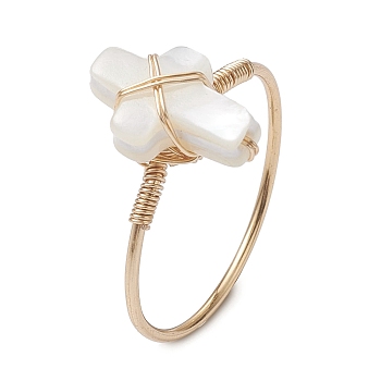 Natural White Shell Finger Rings, Golden Brass Wire Wrap Ring, Cross, US Size 9 (18.9mm)