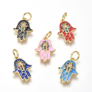 Brass Micro Pave Cubic Zirconia Pendants, with Enamel, Hamsa Hand/Hand of Fatima/Hand of Miriam, Mixed Color, Golden, 19x13x2mm, Hole: 4mm