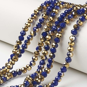 Electroplate Opaque Glass Beads Strands, Half Golden Plated, Faceted, Rondelle, Prussian Blue, 3x2mm, Hole: 0.8mm, about 165~169pcs/strand, 15~16 inch(38~40cm)