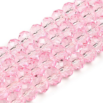 Transparent Baking Paint Glass Beads Strands, Faceted, Rondelle, Pearl Pink, 8x6mm, Hole: 1.4mm, about 64pcs/strand, 15.16''(38.5cm)