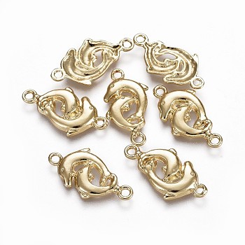 Alloy Links connectors, Ocean Theme, Lead Free & Nickel Free & Cadmium Free, Double Dolphin, Real 14K Gold Plated, 24x12x2mm, Hole: 1.8mm