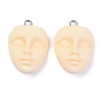 Resin Pendants, with Platinum Iron Loop, Face, Navajo White, 22x16.5x9mm, Hole: 2mm
