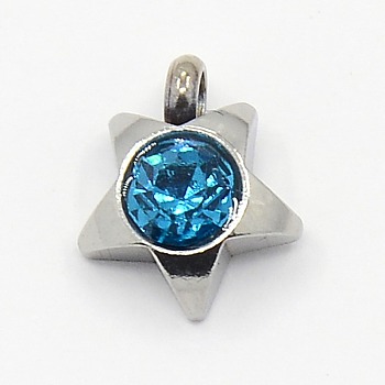 201 Stainless Steel Rhinestone Star Charm Pendants, Grade A, Faceted, Blue Zircon, 9x8x3mm, Hole: 1mm