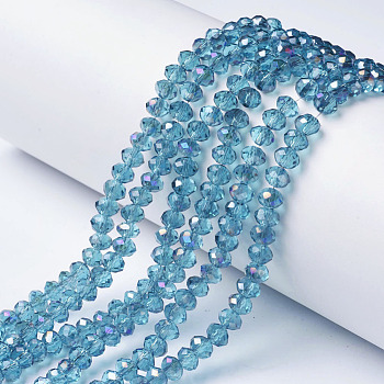 Electroplate Transparent Glass Beads Strands, Half Rainbow Plated, Faceted, Rondelle, Dark Turquoise, 6x5mm, Hole: 1mm, about 85~88pcs/strand, 16.1~16.5 inch(41~42cm)