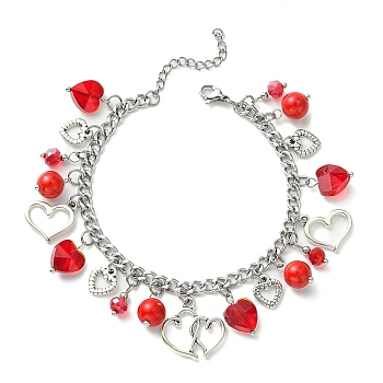 Tibetan Style Alloy & Glass Heart Charm Bracelet with 304 Stainless Steel Curb Chains for Valentine's Day, Red, 7-3/8 inch(18.7cm)