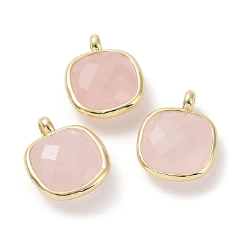 Natural Rose Quartz Pendants, Faceted Square Charms, with Golden Plated Brass Edge Loops, 16.5x13x6mm, Hole: 2.2mm