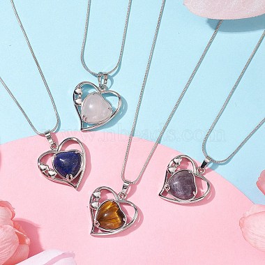 Heart Shaped & Hollow Out Natural Gemstone Pendant Necklaces(NJEW-JN04594)-2