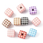 10Pcs Printed Opaque Acrylic Beads, Cube with Check Pattern, Mixed Color, 14x14~14.5x14~14.5mm, Hole: 3.8mm(MACR-YW0004-19E)