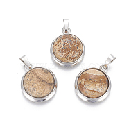 Natural Picasso Jasper Pendants, with Brass Findings, Half Round, Platinum, 23~24x19~20x8~10mm, Hole: 8x5mm(G-L512-B01)