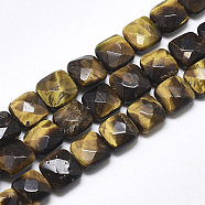 Natural Tiger Eye Beads Strands, Faceted, Square, 8~8.5x8~8.5x5mm, Hole: 1mm, about 25pcs/strand, 8.0''(G-S357-D01-01)