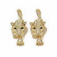 Brass Micro Pave Clear Cubic Zirconia Pendants, Nickel Free, Leopard, Real 18K Gold Plated, 38x17x4.5mm, Hole: 2.5x5mm(X-ZIRC-N039-193-NF)