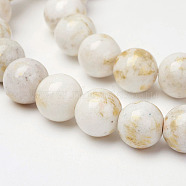 Natural Mashan Jade Beads Strands, with Gold Powder, Dyed, Round, Floral White, 4mm, Hole: 1mm, about 90pcs/strand, 16 inch(X-G-P232-01-F-4mm)
