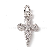 Brass Micro Pave Cubic Zirconia Charms, with Jump Rings, Religion Cross Charm, Platinum, 14.5x8x2mm, Hole: 2.7mm(ZIRC-F132-83P)
