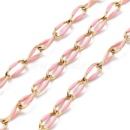 304 Stainless Steel Handmade Beaded Chain, with Enamel, with Spool, Soldered, Real 18K Gold Plated, Oval, Pink, 9x4x1mm, about 16.40 Feet(5m)/Roll(CHS-K019-02G-05)