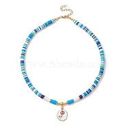 Alloy Enamel Flower Pendant Necklace, with Polymer Clay Disc Beaded Chains, Deep Sky Blue, 21.65''(55cm)(NJEW-JN04537-01)