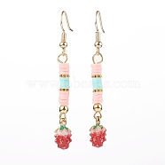 Polymer Clay Heishi Beads Dangle Earrings, with Alloy Enamel Charms and Brass Earring Hooks, Strawberry, Colorful, Golden, 57x7.5mm, Pin: 0.8mm(EJEW-JE04487)