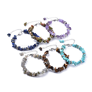 Natural & Synthetic Mixed Stone Chip Bracelets, with Flat Round Tibetan Style Alloy Spacers Beads and Stainless Steel Findings, 7-1/4 inch~7-3/8 inch(18.4~18.8cm)(BJEW-JB04489)