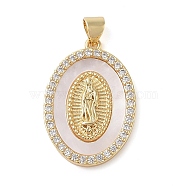 Brass Micro Pave Cubic Zirconia Pendants, with Shell Charms, Virgin Mary, Real 18K Gold Plated, Oval, 27.5x19x3mm, Hole: 3.5x4mm(KK-I712-52G-06)