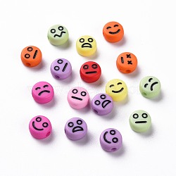 Opaque Mixed Color Acrylic Beads, Flat Round with Black Random Expression, 7x4mm, Hole: 1.6mm(X-MACR-N008-42-C)
