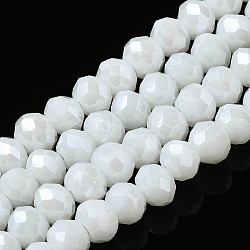 Electroplate Glass Beads Strands, Pearl Luster Plated, Faceted, Rondelle, White, 6x5mm, Hole: 1mm, about 85~88pcs/strand, 16.1~16.5 inch(41~42cm)(EGLA-A034-P6mm-A02)