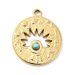 Synthetic Turquoise Pendants, Flat Round Charms, Ion Plating(IP) 304 Stainless Steel Findings, Golden, 21x18x3mm, Hole: 2mm(STAS-E177-11G)