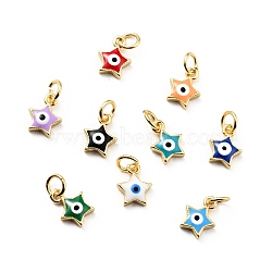 Rack Plating Brass Enamel Charms, with Jump Rings, Cadmium Free & Lead Free, Real 18K Gold Plated, Star with Evil Eye, Mixed Color, 9.5x7.5x2.6mm, Hole: 3mm(KK-G387-06G)