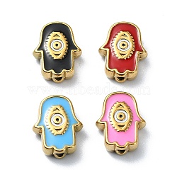 Ion Plating(IP) 304 Stainless Steel Enamel Beads, Real 18K Gold Plated, Hamsa Hand with Eye, Mixed Color, 9x12x3.5mm, Hole: 1.2mm(STAS-Q318-10)