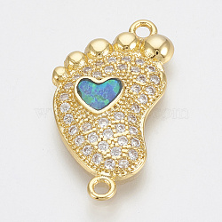 Brass Micro Pave Cubic Zirconia Links, with Resin, Baby Feet, Clear & Dodger Blue, Golden, 22x12x2.5mm, Hole: 1.4mm(ZIRC-Q018-071G)