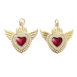 Rack Plating Brass Micro Pave Clear Cubic Zirconia Pendants, with Enamel and Jump Ring, Long-Lasting Plated, Cadmium Free & Lead Free, Sacred Heart, Real 18K Gold Plated, 23x24x2.5mm, Hole: 3mm(KK-M280-10B-G)