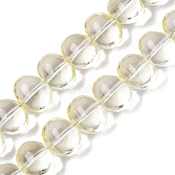 Transparent Electroplate Glass Beads Strands, Oval, Light Yellow, 14.5x11x10~10.5mm, Hole: 1.2mm, about 54~55pcs/strand, 24.17~24.41 inch(61.4~62cm)(EGLA-N012-06E)