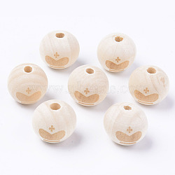 Unfinished Natural Wood European Beads, Large Hole Beads, for DIY Painting Craft, Laser Engraved Pattern, Round with Crown Pattern, Antique White, 20x18mm, Hole: 4mm(WOOD-S057-002B)