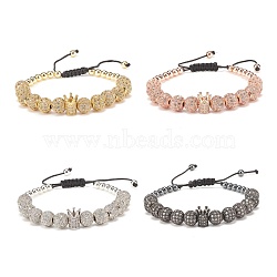 4Pcs 4 Color Cubic Zirconia Round & Crown Braided Bead Bracelet with Synthetic Hematite, Brass Adjustable Bracelets for Women, Mixed Color, Inner Diameter: 2-1/8~3-1/2 inch(5.3~8.8cm), 1Pc/style(BJEW-JB08049)