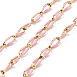 Ion Plating(IP) 304 Stainless Steel Handmade Beaded Chain, with Enamel, with Spool, Soldered, Real 18K Gold Plated, Oval, Pink, 9x4x1mm, about 16.40 Feet(5m)/Roll(CHS-K019-02G-05)