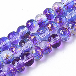 Transparent Spray Painted Glass Bead Strands, with Golden Foil, Round, Blue Violet, 4~5mm, Hole: 0.9~1.2mm, about 95~103pcs/Strand, 13.78 inch~14.88 inch(35~37.8cm)(X-GLAA-N035-03A-B03)