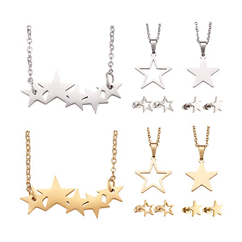 4 Set 4 Style Jewelry Set with 1Pc Necklace, 201 Stainless Steel Star Pendants & Stud Earrings with Stainless Steel Pins, Golden & Stainless Steel Color, 17.72~18.43 inch(45~46.8cm), 9~9.5x9.5~10mm