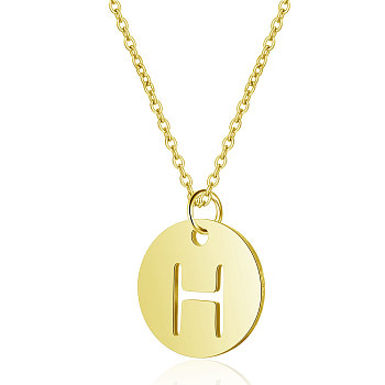 201 Stainless Steel Initial Pendants Necklaces, with Cable Chains, Flat Round with Letter, Golden, Letter.H, 16.3 inch(40cm), 1mm