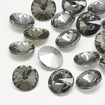 Pointed Back Glass Rhinestone Cabochons, Rivoli Rhinestone, Back Plated, Faceted, Cone, Black Diamond, 14x7mm
