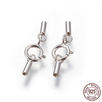 925 Sterling Silver Spring Ring Clasps, with Cord Ends, Silver, 17mm, Inner Size: 1mm