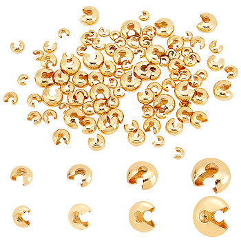AHADERMAKER 120Pcs 4 Style Brass Crimp Beads Covers, Cadmium Free & Lead Free, Real 18K Gold Plated, 4~7.5x3.5~7x2~5mm, hole: 2~3mm, 30pcs/style