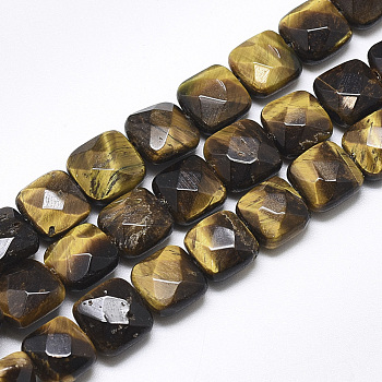 Natural Tiger Eye Beads Strands, Faceted, Square, 8~8.5x8~8.5x5mm, Hole: 1mm, about 25pcs/strand, 8.0''