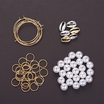 DIY Earring Making, 304 Stainless Steel Hoop Earrings/Jump Rings, Imitation Pearl Acrylic Beads and UV Plated Cowrie Shell Beads, Golden, 35x0.7mm