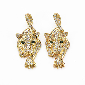 Brass Micro Pave Clear Cubic Zirconia Pendants, Nickel Free, Leopard, Real 18K Gold Plated, 38x17x4.5mm, Hole: 2.5x5mm