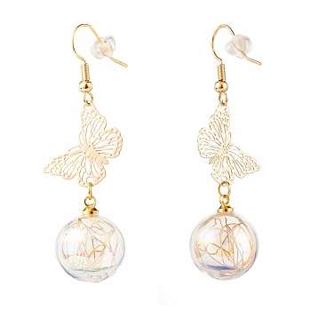 Butterfly with Blown Glass Globe Dangle Earrings for Girl Women, Wire Wrap Brass Earrings, Golden, 57mm, Pin: 0.8mm