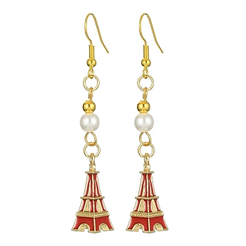 Alloy Enamel Eiffel Tower Dangle Earrings with Imitation Pearl Beaded, Golden Long Drop Earrings with Iron Earring Pins, Red, 64x9mm