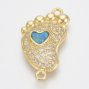 Brass Micro Pave Cubic Zirconia Links, with Resin, Baby Feet, Clear & Dodger Blue, Golden, 22x12x2.5mm, Hole: 1.4mm